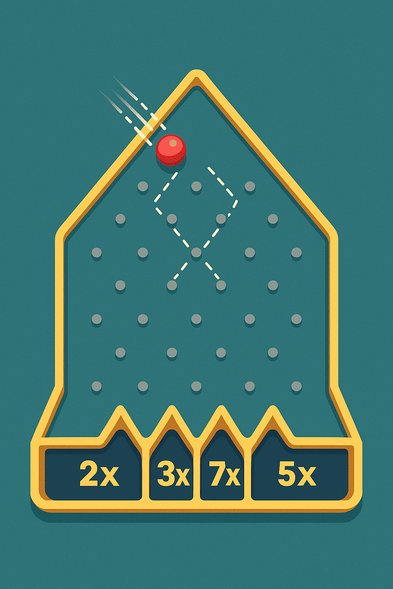 Mechanika hry Plinko s dráhou loptičky a výplatnými políčkami.
